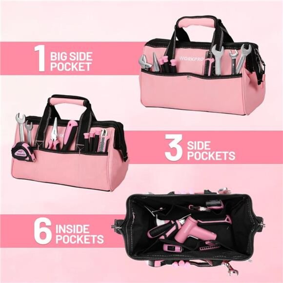 13-Inch Tool Bag, Pink Soft Cloth Tool Storage Bags, Wide Mouth Tool - Picture 1 of 7